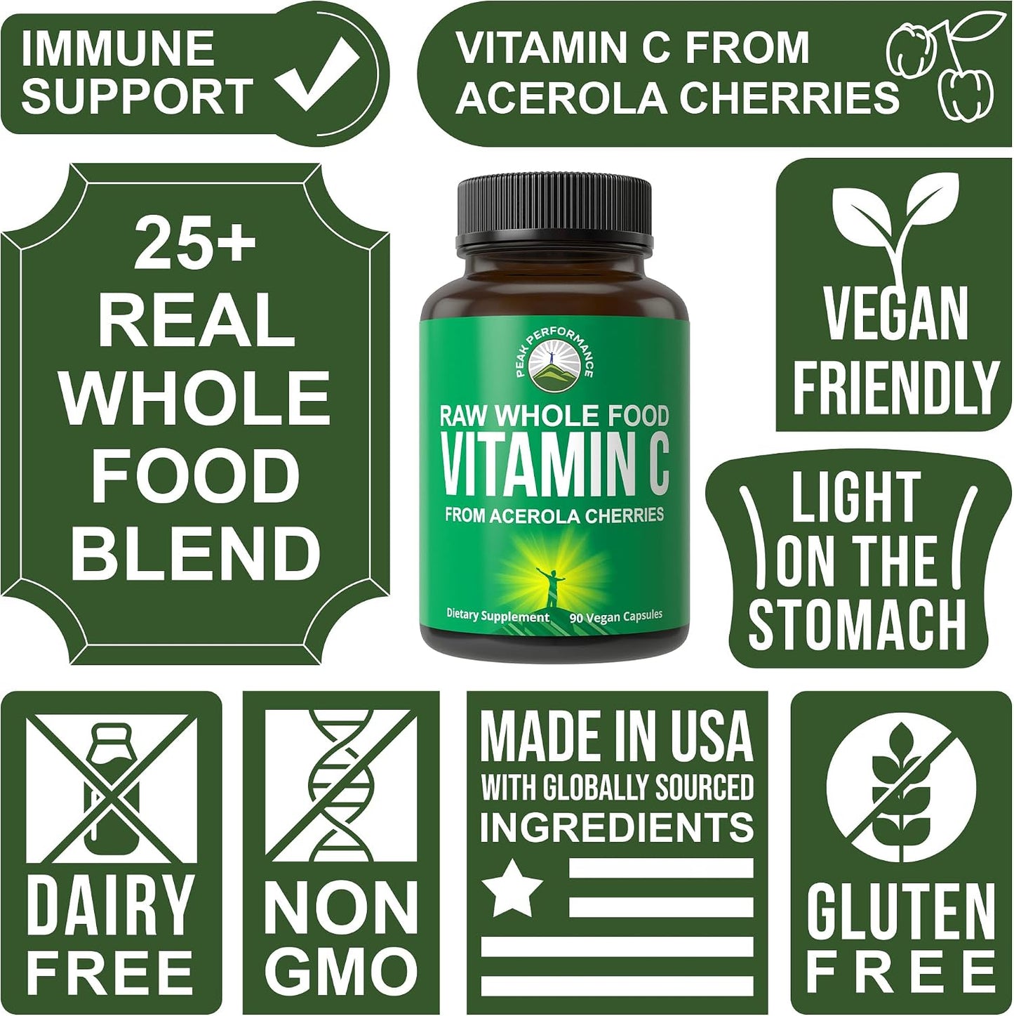 Peak Performance Raw Whole Food Natural Vitamin C Capsules from Acerola Cherry for Max Absorption. Vegan USA Sourced Vitamin C Supplement 90 Pills. 500 mg Serving or 2 Servings 1000mg - PrimeBioHealth - canada supplements