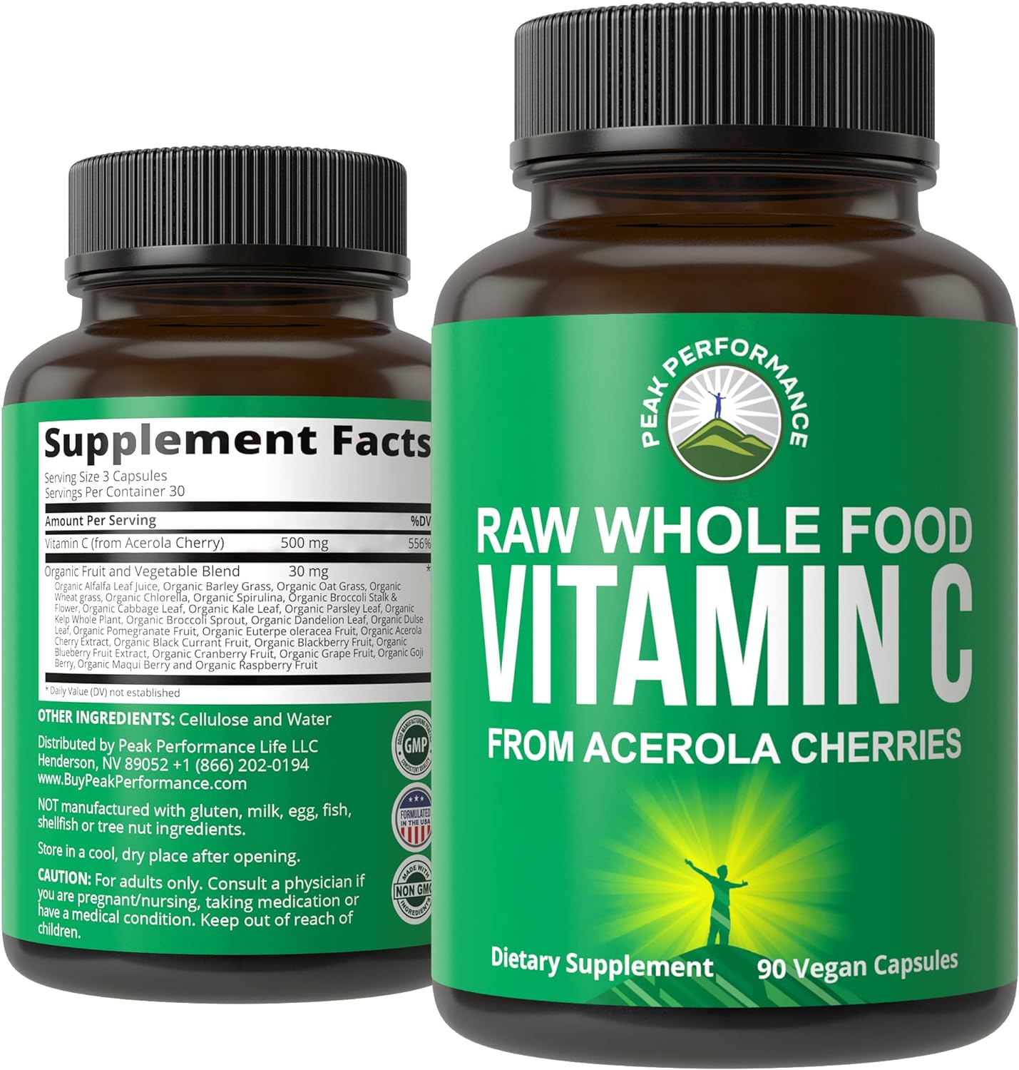 Peak Performance Raw Whole Food Natural Vitamin C Capsules from Acerola Cherry for Max Absorption. Vegan USA Sourced Vitamin C Supplement 90 Pills. 500 mg Serving or 2 Servings 1000mg - PrimeBioHealth - canada supplements