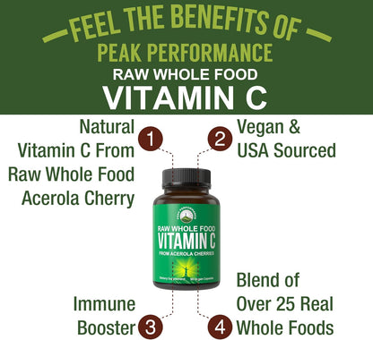 Peak Performance Raw Whole Food Natural Vitamin C Capsules from Acerola Cherry for Max Absorption. Vegan USA Sourced Vitamin C Supplement 90 Pills. 500 mg Serving or 2 Servings 1000mg - PrimeBioHealth - canada supplements