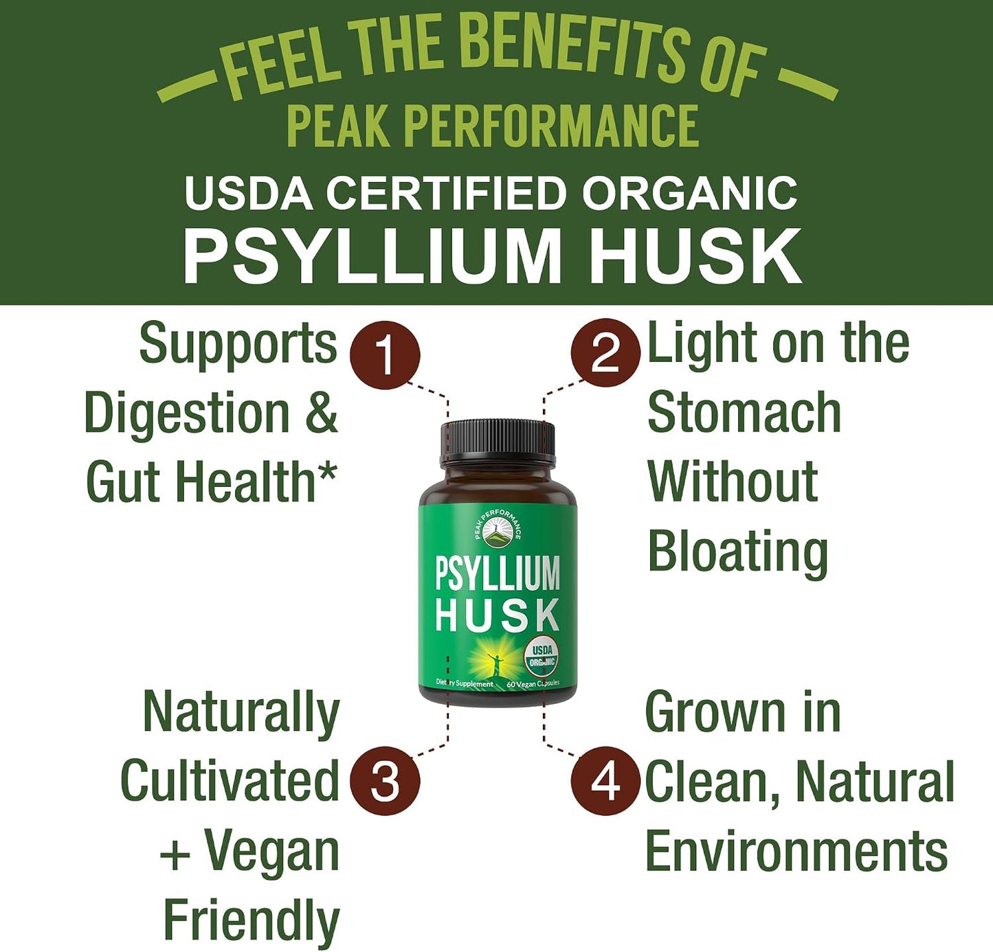 Peak Performance USDA Organic Psyllium Husk Vegan Capsules Made with Seed - Fiber Supplement for Gut - Digestive Prebiotics - for Digestion and Roughage Without Bloating - Vegan, Gluten-Free Pills - PrimeBioHealth - canada supplements
