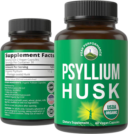 Peak Performance USDA Organic Psyllium Husk Vegan Capsules Made with Seed - Fiber Supplement for Gut - Digestive Prebiotics - for Digestion and Roughage Without Bloating - Vegan, Gluten-Free Pills - PrimeBioHealth - canada supplements