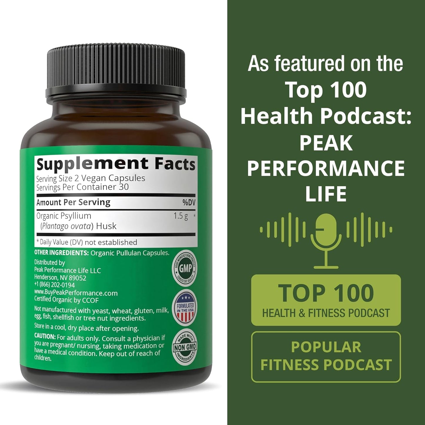 Peak Performance USDA Organic Psyllium Husk Vegan Capsules Made with Seed - Fiber Supplement for Gut - Digestive Prebiotics - for Digestion and Roughage Without Bloating - Vegan, Gluten-Free Pills - PrimeBioHealth - canada supplements