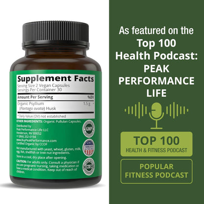 Peak Performance USDA Organic Psyllium Husk Vegan Capsules Made with Seed - Fiber Supplement for Gut - Digestive Prebiotics - for Digestion and Roughage Without Bloating - Vegan, Gluten-Free Pills - PrimeBioHealth - canada supplements