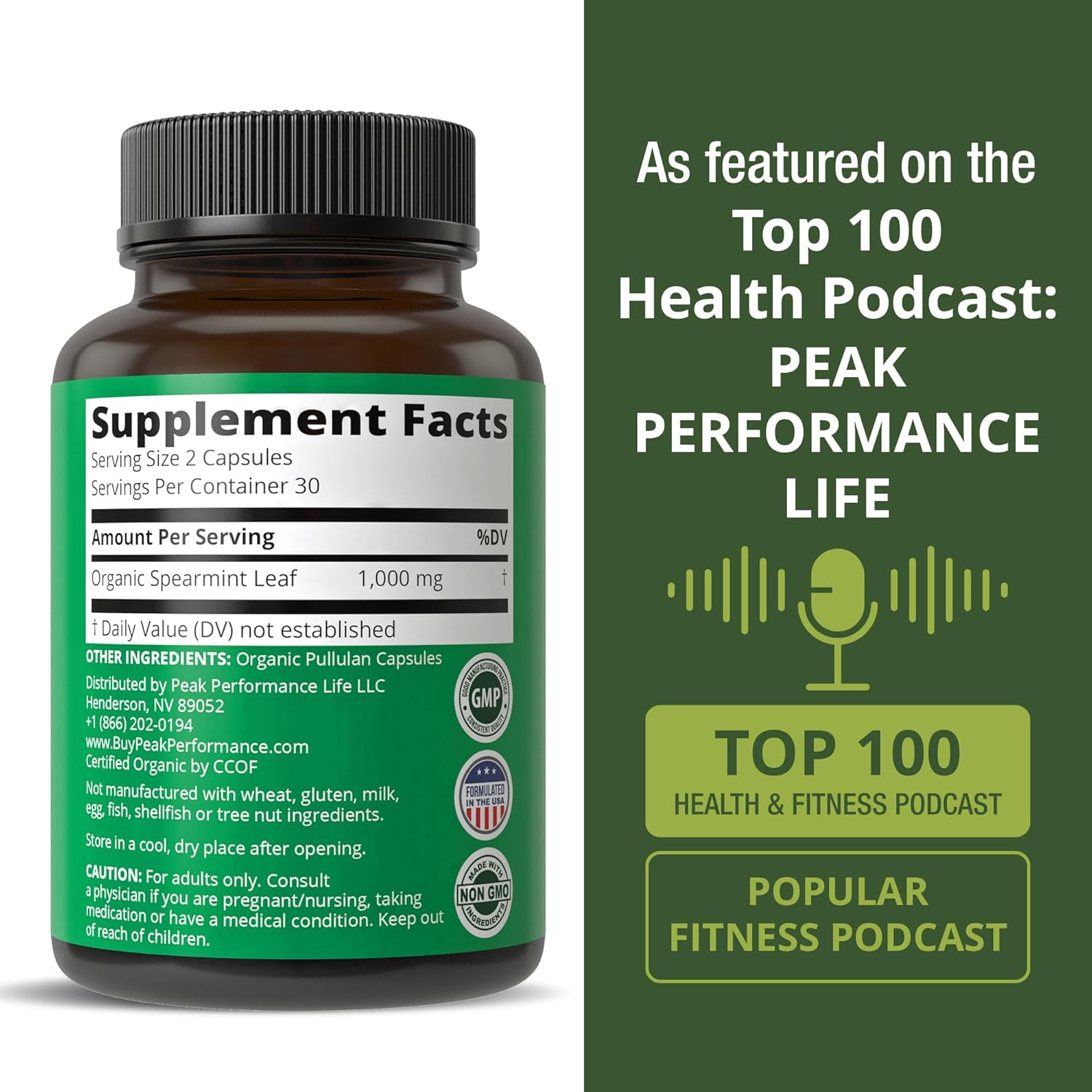 Peak Performance USDA Organic Spearmint Capsules. Organic Vegan Spearmint Leaf Pills for Digestive Support, Ingestion, and More. USA Tested Supplement for Women and Men. - PrimeBioHealth - canada supplements