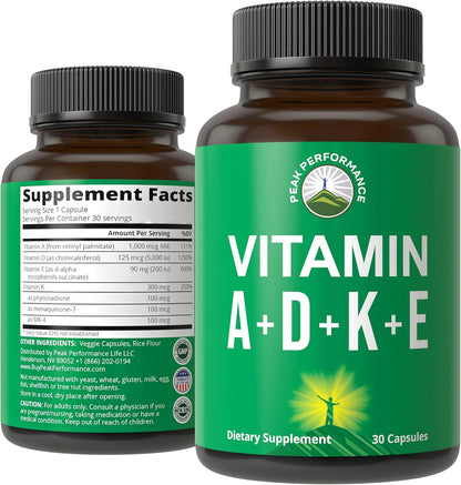 Peak Performance Vitamins D 5,000 iu + A + K + E All in 1 Easy to Swallow Vegan Capsule. ADK Vitamin Supplement with E D3 K2. Essential Vitamins for Mood, Immune, Bone, Vision, Heart - PrimeBioHealth - canada supplements