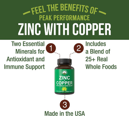 Peak Performance Zinc with Copper + Whole Food Blend of 25 Vegetables and Fruits for Max Absorption - Immune Support Supplement Capsules - Two Essential Minerals for Immunity - Pills for Men & Women - PrimeBioHealth - canada supplements