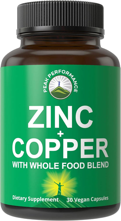 Peak Performance Zinc with Copper + Whole Food Blend of 25 Vegetables and Fruits for Max Absorption - Immune Support Supplement Capsules - Two Essential Minerals for Immunity - Pills for Men & Women - PrimeBioHealth - canada supplements
