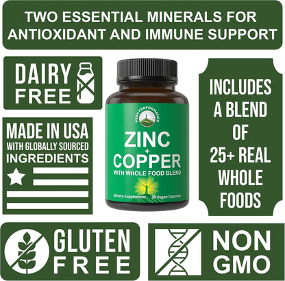 Peak Performance Zinc with Copper + Whole Food Blend of 25 Vegetables and Fruits for Max Absorption - Immune Support Supplement Capsules - Two Essential Minerals for Immunity - Pills for Men & Women - PrimeBioHealth - canada supplements