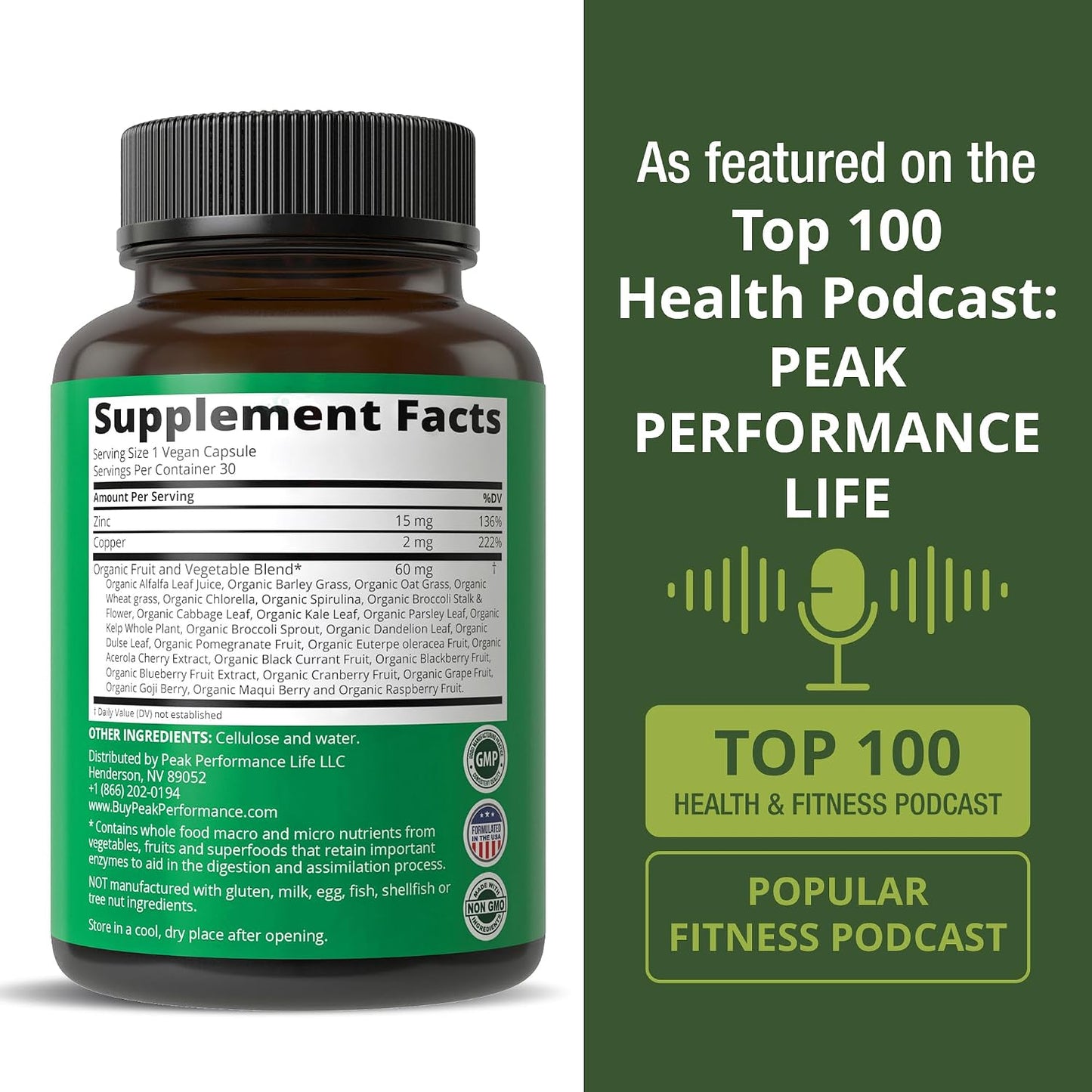 Peak Performance Zinc with Copper + Whole Food Blend of 25 Vegetables and Fruits for Max Absorption - Immune Support Supplement Capsules - Two Essential Minerals for Immunity - Pills for Men & Women - PrimeBioHealth - canada supplements