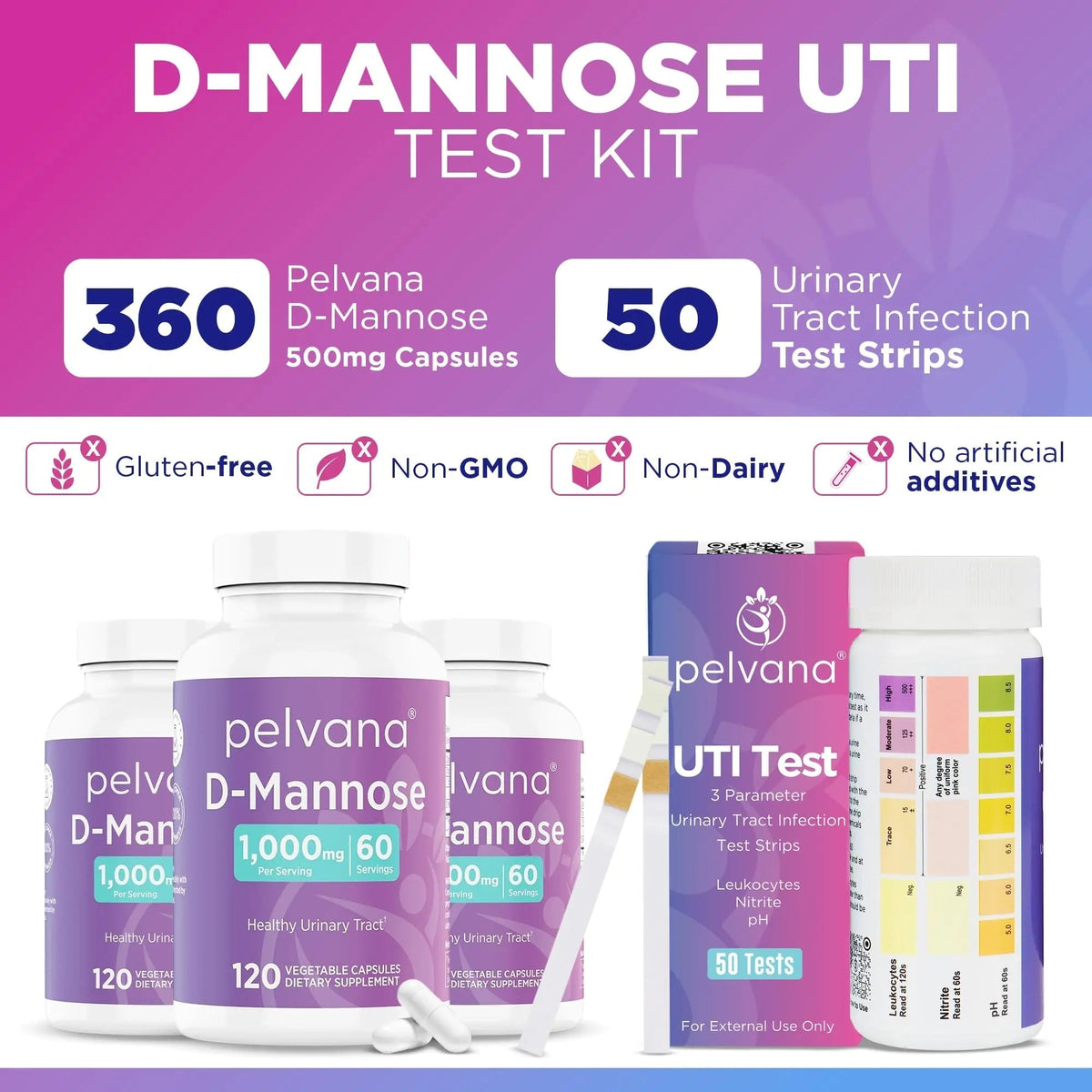 Pelvana D-Mannose UTI Kit for Women – UTI Test Strips & D-Mannose Supplement, At-Home Testing, Maintains Healthy Urinary Tract Balance, Flushes Impurities – 3 Bottles (120 Capsules) + 50 Test Strips - PrimeBioHealth - canada supplements