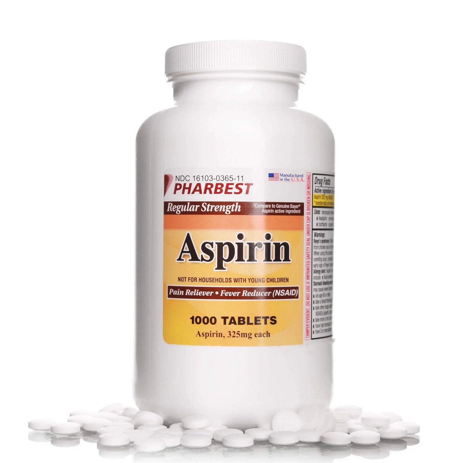 PHARBEST Aspirin 325 mg | Regular Strength | 1000 Count Uncoated Tablets - PrimeBioHealth - canada supplements