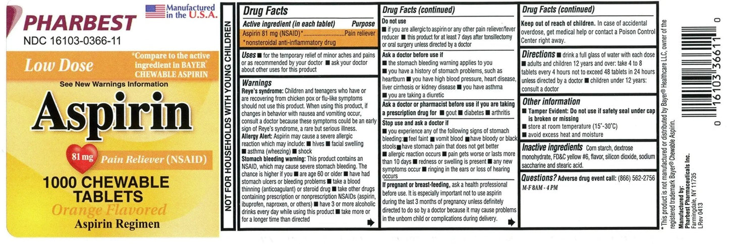 Pharbest Aspirin 81mg Chewable Orange Tablets 1000 Count Per Bottle - PrimeBioHealth - canada supplements