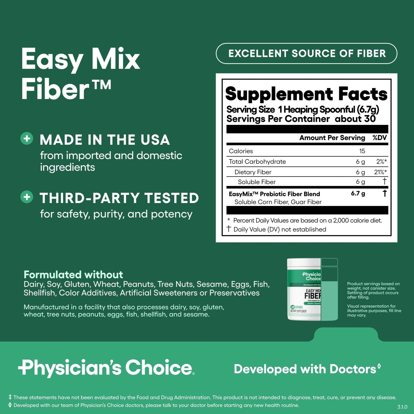 Physician's CHOICE Easy Mix Fiber for Digestive Health & Regularity - No Grit, Sugar Free, & Tasteless - PrimeBioHealth - canada supplements