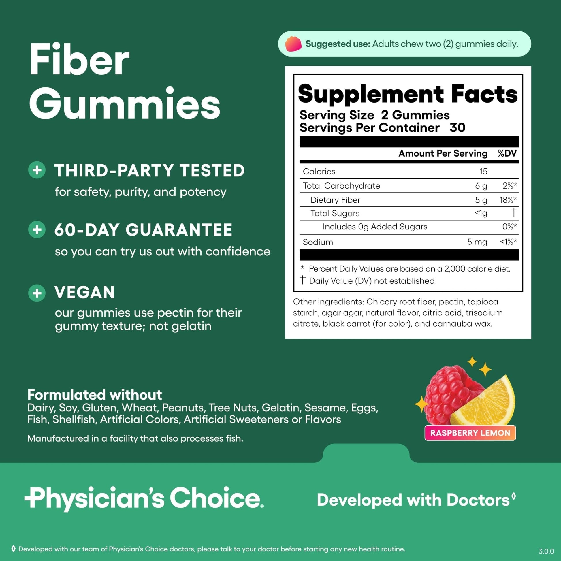 Physician’s Choice Fiber Gummies for Digestive Health & Regularity - Raspberry Lemon Flavor - No Sugar Added & Vegan - Natural Chicory Root Prebiotic Fiber - PrimeBioHealth - canada supplements