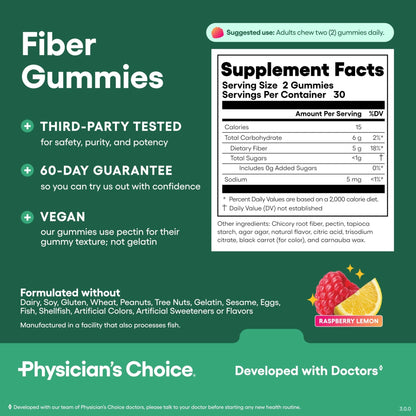 Physician’s Choice Fiber Gummies for Digestive Health & Regularity - Raspberry Lemon Flavor - No Sugar Added & Vegan - Natural Chicory Root Prebiotic Fiber - PrimeBioHealth - canada supplements