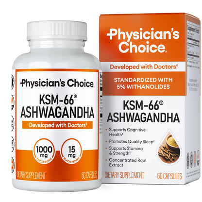 Physician's CHOICE KSM-66 Ashwagandha Root Powder Extract 1,000mg - Organic - with Black Pepper for Maximum Absorption - 5% Withanolides - PrimeBioHealth - canada supplements