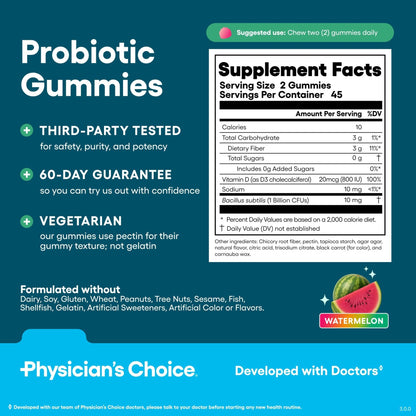 Physician's CHOICE Probiotic Gummies with Vitamin D & Prebiotic Fiber - Sugar Free - 1B CFUs of Clinically Studied Probiotic - Supports Immune & Gut Health - PrimeBioHealth - canada supplements