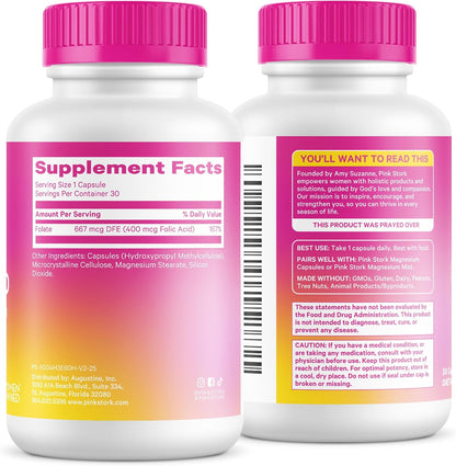 Pink Stork Folic Acid Supplement for Women – 400mcg, 30 Capsules | Daily Vitamin B9, Prenatal & Fertility Support, Supports Red Blood Cell Formation & Energy, Vegetarian - PrimeBioHealth - canada supplements