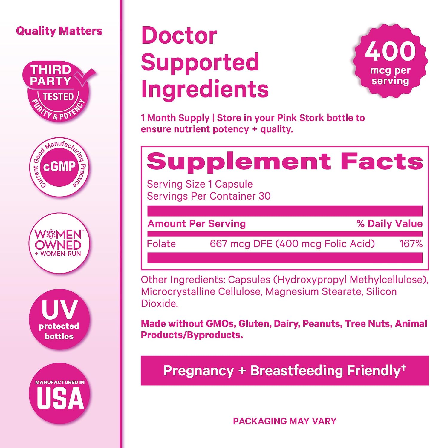 Pink Stork Folic Acid Supplement for Women – 400mcg, 30 Capsules | Daily Vitamin B9, Prenatal & Fertility Support, Supports Red Blood Cell Formation & Energy, Vegetarian - PrimeBioHealth - canada supplements
