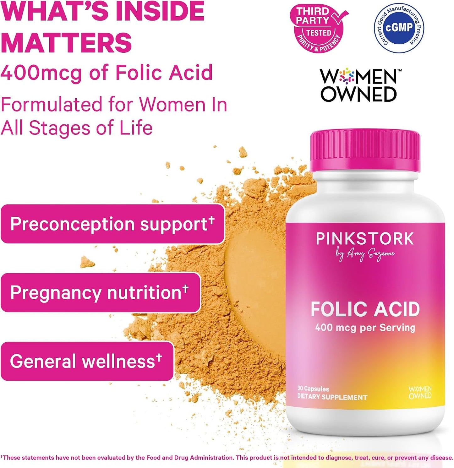 Pink Stork Folic Acid Supplement for Women – 400mcg, 30 Capsules | Daily Vitamin B9, Prenatal & Fertility Support, Supports Red Blood Cell Formation & Energy, Vegetarian - PrimeBioHealth - canada supplements