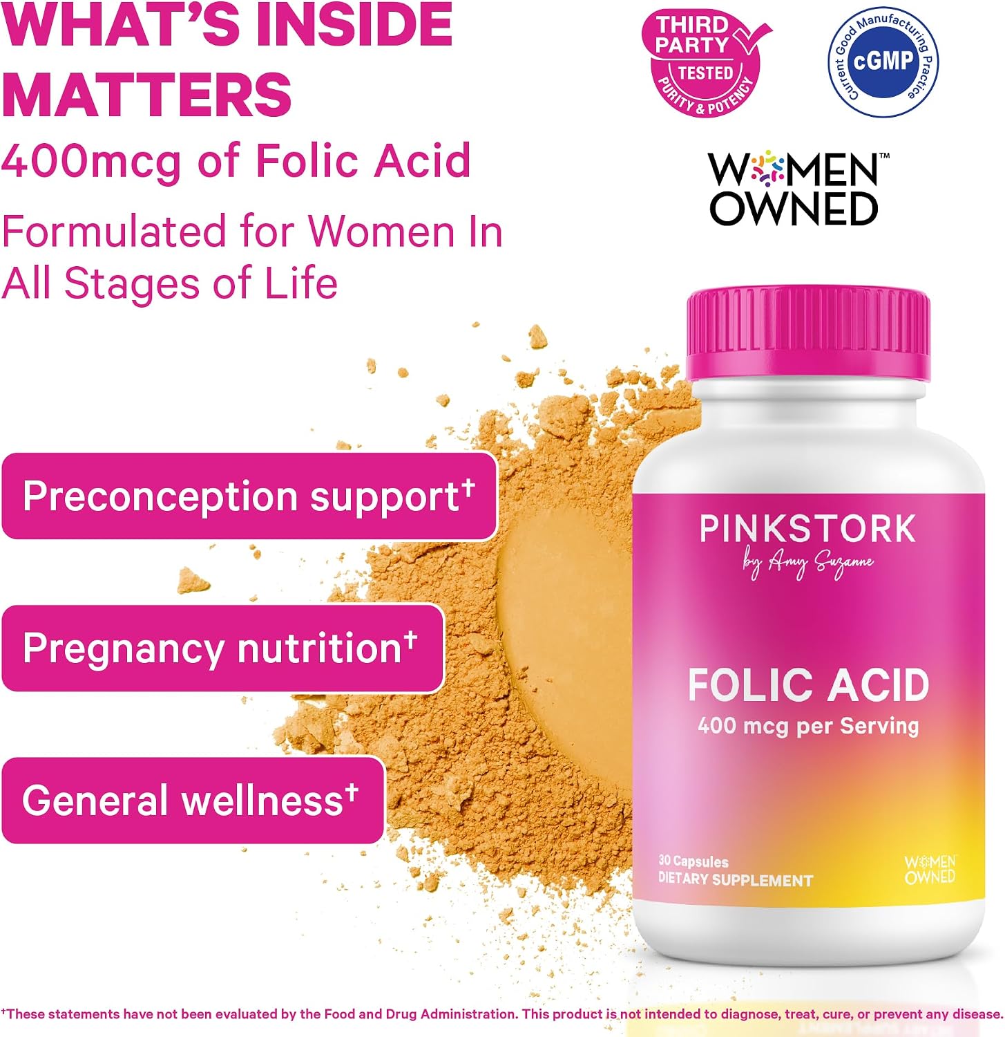 Pink Stork Folic Acid Supplement for Women – 400mcg, 30 Capsules | Daily Vitamin B9, Prenatal & Fertility Support, Supports Red Blood Cell Formation & Energy, Vegetarian - PrimeBioHealth - canada supplements