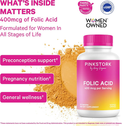 Pink Stork Folic Acid Supplement for Women – 400mcg, 30 Capsules | Daily Vitamin B9, Prenatal & Fertility Support, Supports Red Blood Cell Formation & Energy, Vegetarian - PrimeBioHealth - canada supplements