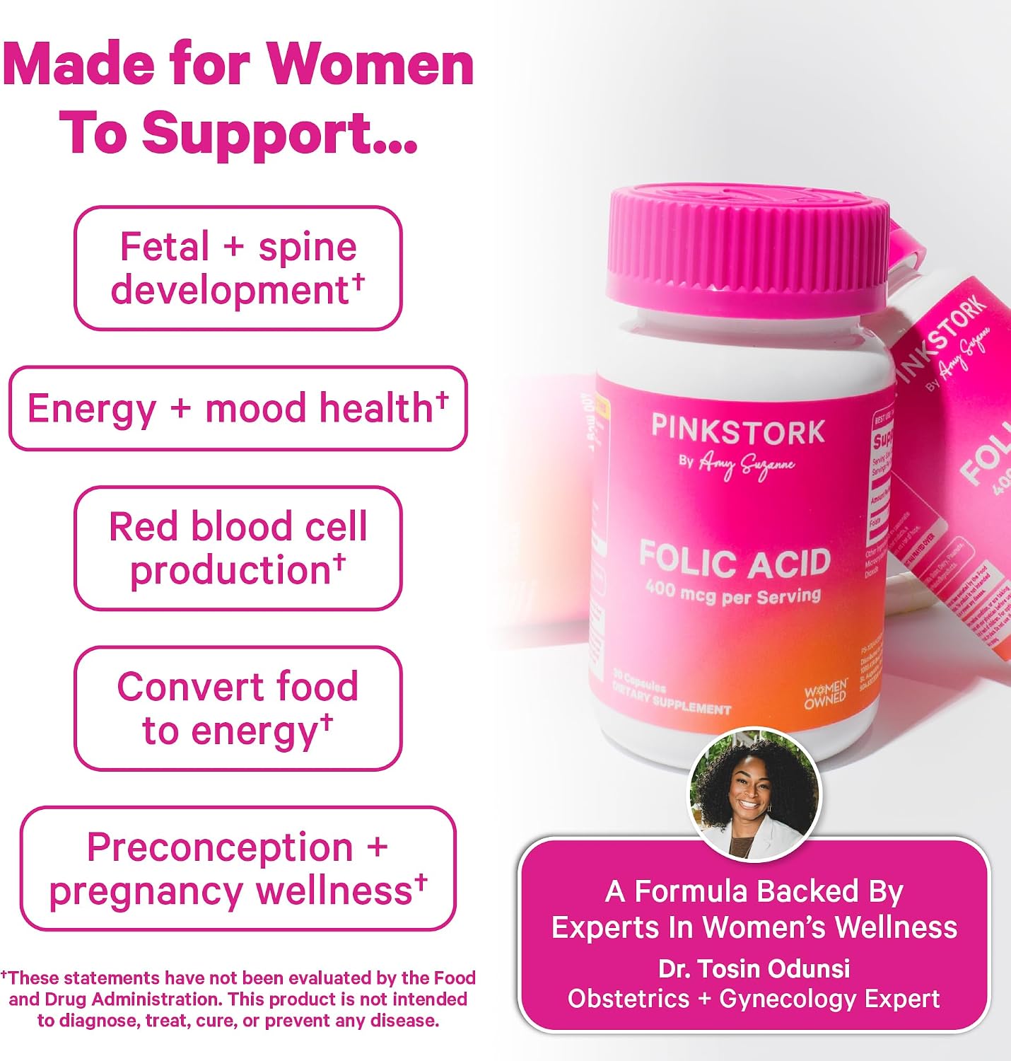 Pink Stork Folic Acid Supplement for Women – 400mcg, 30 Capsules | Daily Vitamin B9, Prenatal & Fertility Support, Supports Red Blood Cell Formation & Energy, Vegetarian - PrimeBioHealth - canada supplements