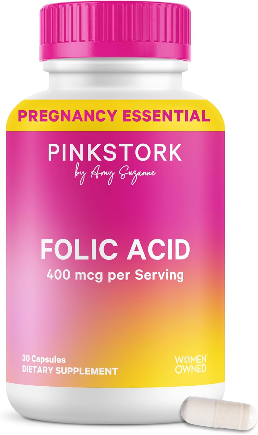 Pink Stork Folic Acid Supplement for Women – 400mcg, 30 Capsules | Daily Vitamin B9, Prenatal & Fertility Support, Supports Red Blood Cell Formation & Energy, Vegetarian - PrimeBioHealth - canada supplements