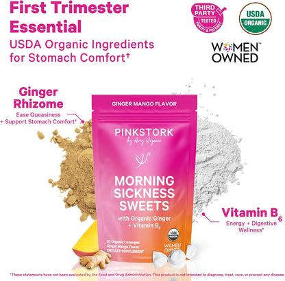 Pink Stork Morning Sickness Support Kit – 3-Piece Bundle with Organic Ginger Peach Tea, B6 Sweets, Ginger Lozenges – Pregnancy Support, First Trimester Essentials, Gift for Pregnant Women - PrimeBioHealth - canada supplements
