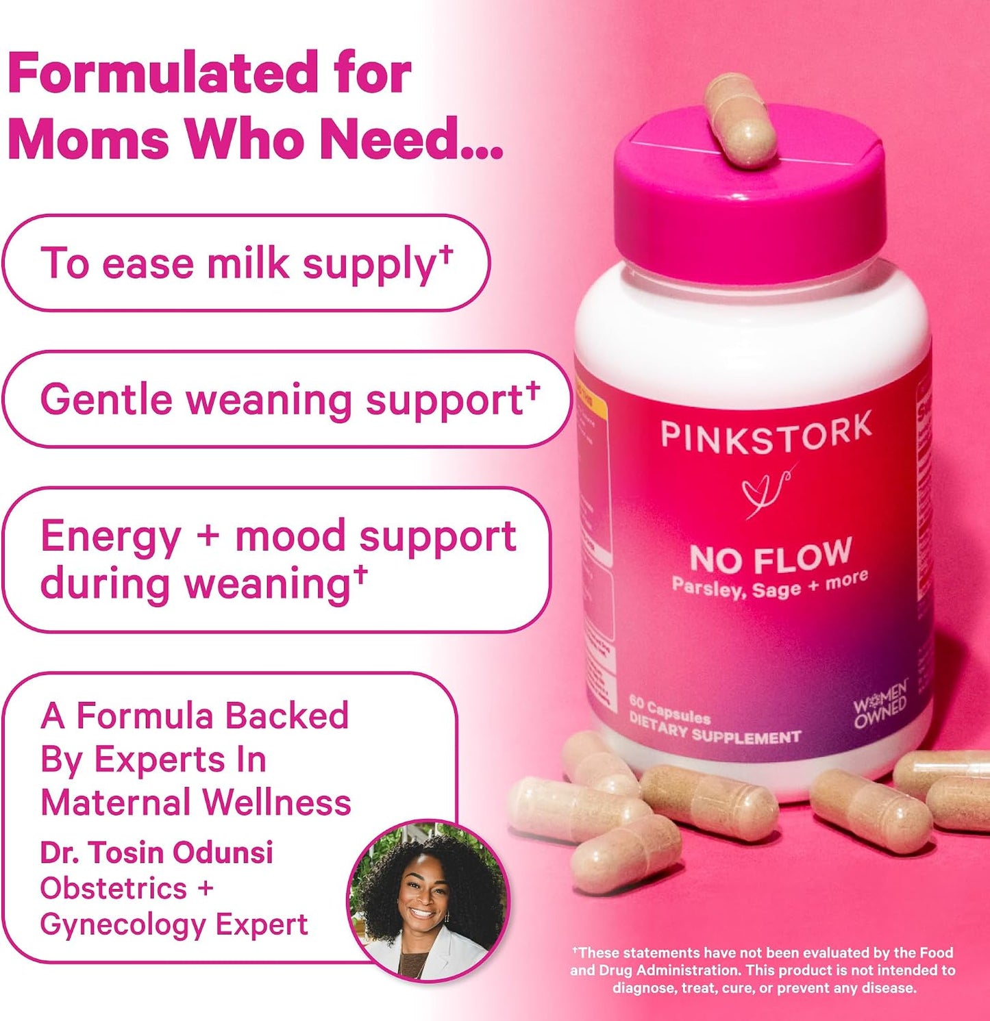 Pink Stork No Flow: Dry Up Breast Milk Supply with Sage, Parsley, and B Vitamins, Postpartum Essentials for Women to Stop Breastfeeding and Decrease Milk Production, 60 Capsules - PrimeBioHealth - canada supplements