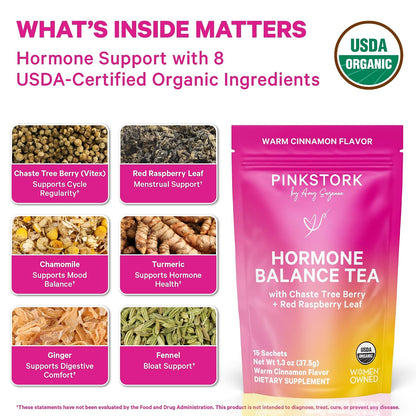 Pink Stork Organic Hormone Balance Tea for Women, Cinnamon, 30 Servings | Red Raspberry Leaf & Chasteberry (Vitex), Organic Herbal Tea, PMS, Menstrual Cycle + Perimenopause Support - PrimeBioHealth - canada supplements