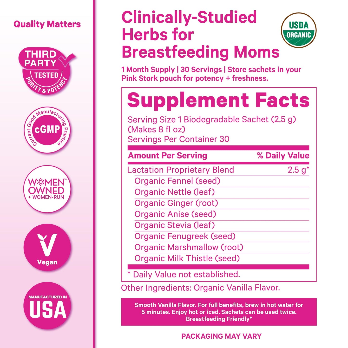 Pink Stork Organic Lactation Tea – Fenugreek, Fennel, Milk Thistle + More – Support for Breastfeeding, Pumping, Hydration, Milk Flow – Smooth Vanilla – 15 Sachets, Caffeine-Free - PrimeBioHealth - canada supplements