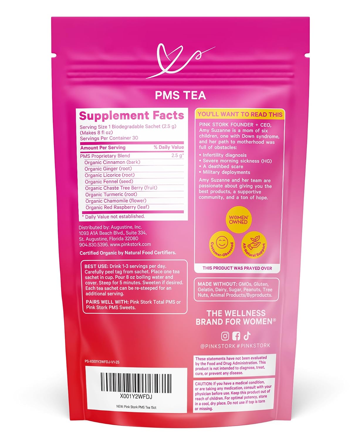 Pink Stork Organic PMS Tea for Hormone Balance, Mood Swings, Bloating, and Period Regularity - 8 Herbs - Vitex, Red Raspberry Leaf, Chamomile - Caffeine-Free - 15 Sachets, Hot or Iced - PrimeBioHealth - canada supplements