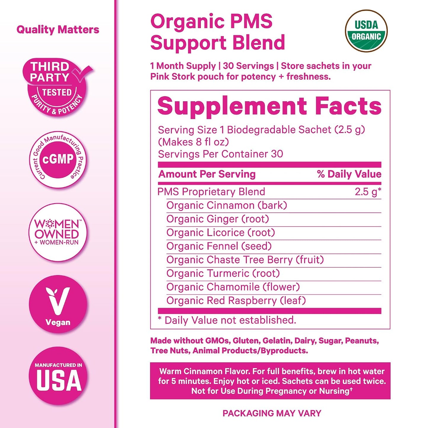 Pink Stork Organic PMS Tea for Hormone Balance, Mood Swings, Bloating, and Period Regularity - 8 Herbs - Vitex, Red Raspberry Leaf, Chamomile - Caffeine-Free - 15 Sachets, Hot or Iced - PrimeBioHealth - canada supplements
