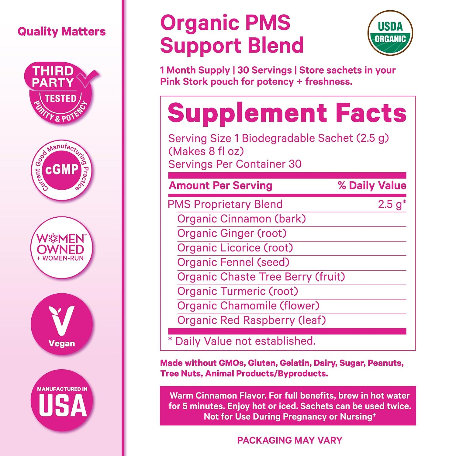 Pink Stork Organic PMS Tea for Hormone Balance, Mood Swings, Bloating, and Period Regularity - 8 Herbs - Vitex, Red Raspberry Leaf, Chamomile - Caffeine-Free - 15 Sachets, Hot or Iced - PrimeBioHealth - canada supplements