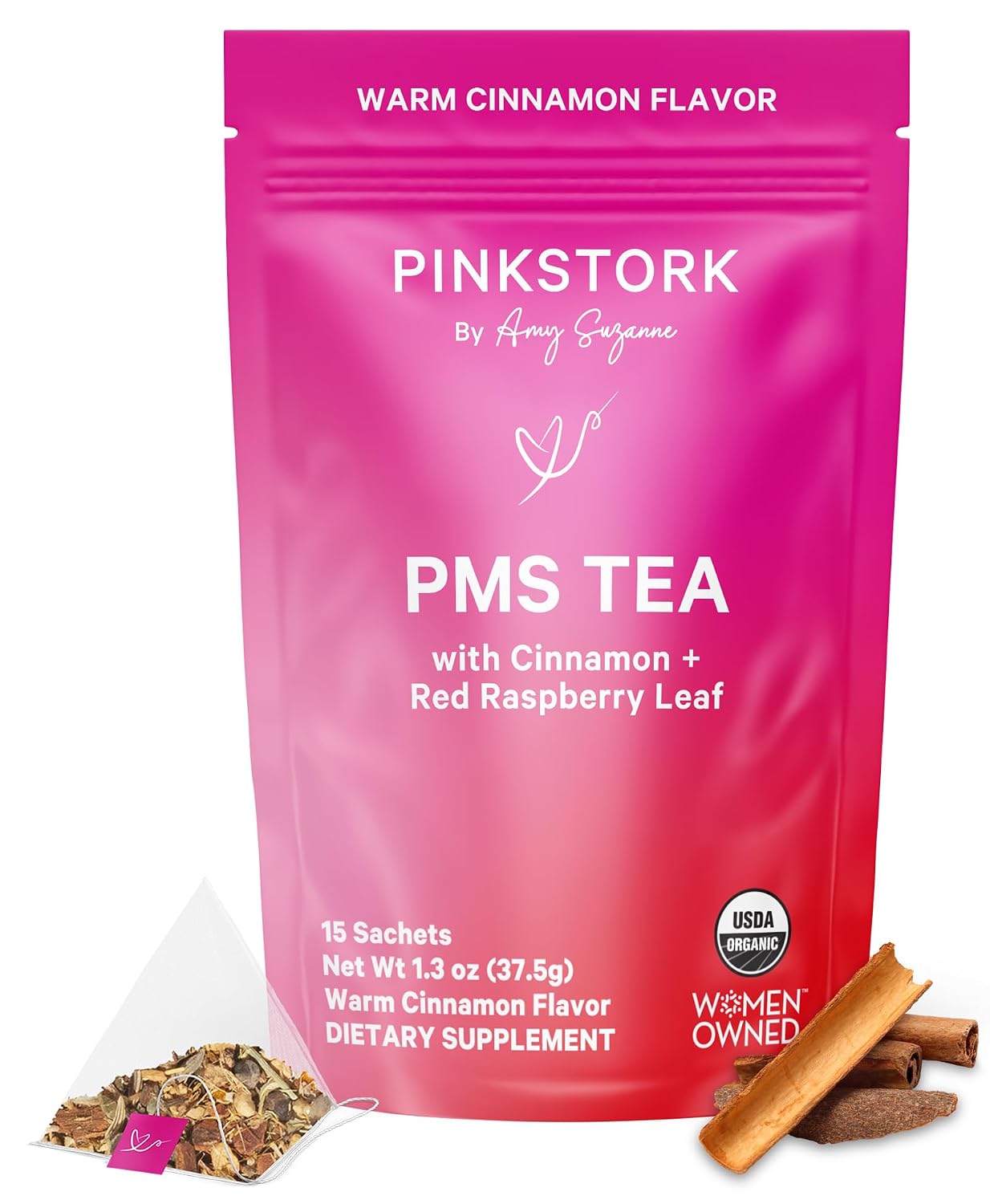 Pink Stork Organic PMS Tea for Hormone Balance, Mood Swings, Bloating, and Period Regularity - 8 Herbs - Vitex, Red Raspberry Leaf, Chamomile - Caffeine-Free - 15 Sachets, Hot or Iced - PrimeBioHealth - canada supplements