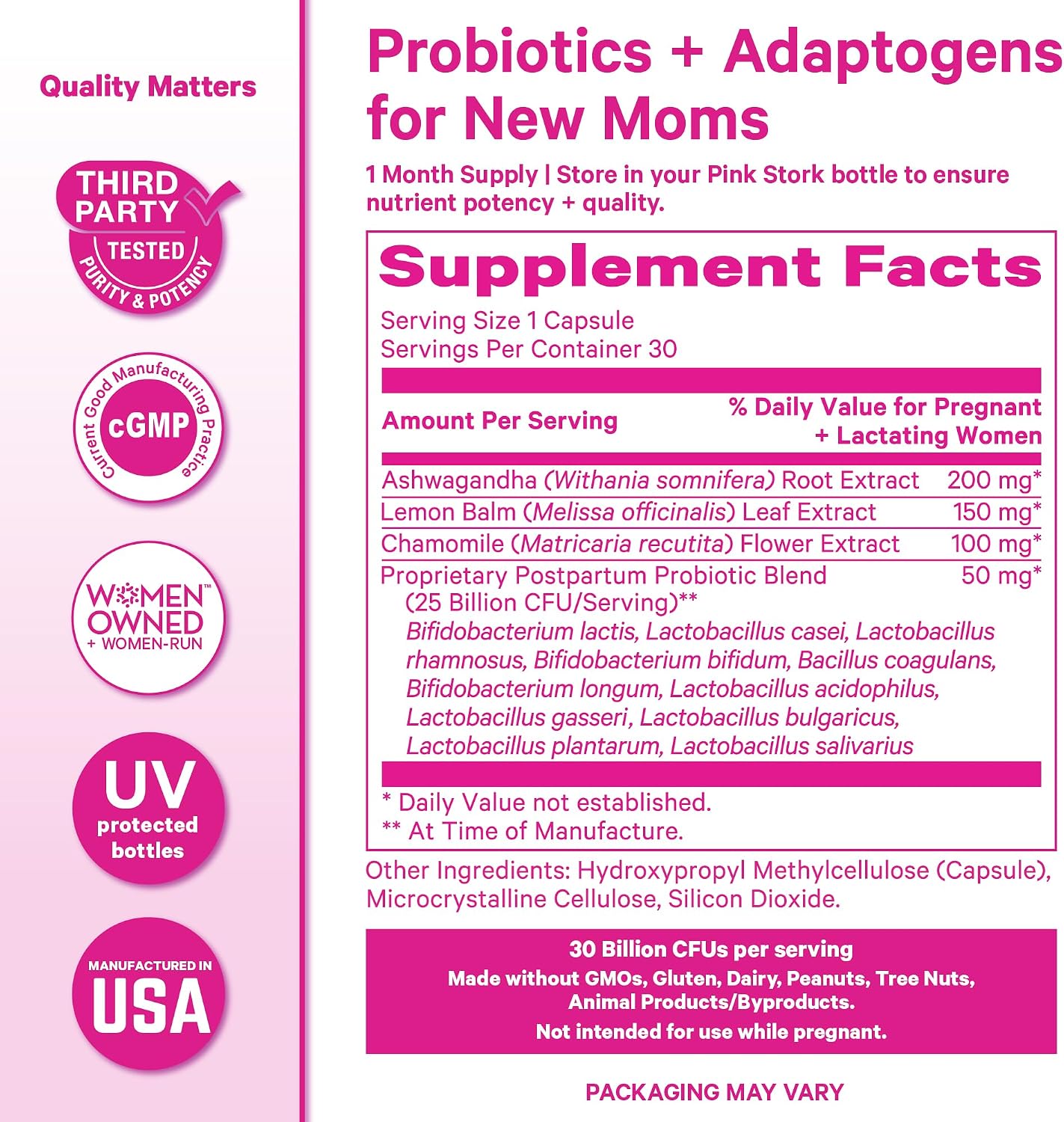 Pink Stork Probiotics for Postnatal Women - 30 Billion CFUS with Ashwagandha and Chamomile, Postpartum Essentials for Hormone Balance, Mood Support, Gut Health, Digestive Wellness, 30 Capsules - PrimeBioHealth - canada supplements