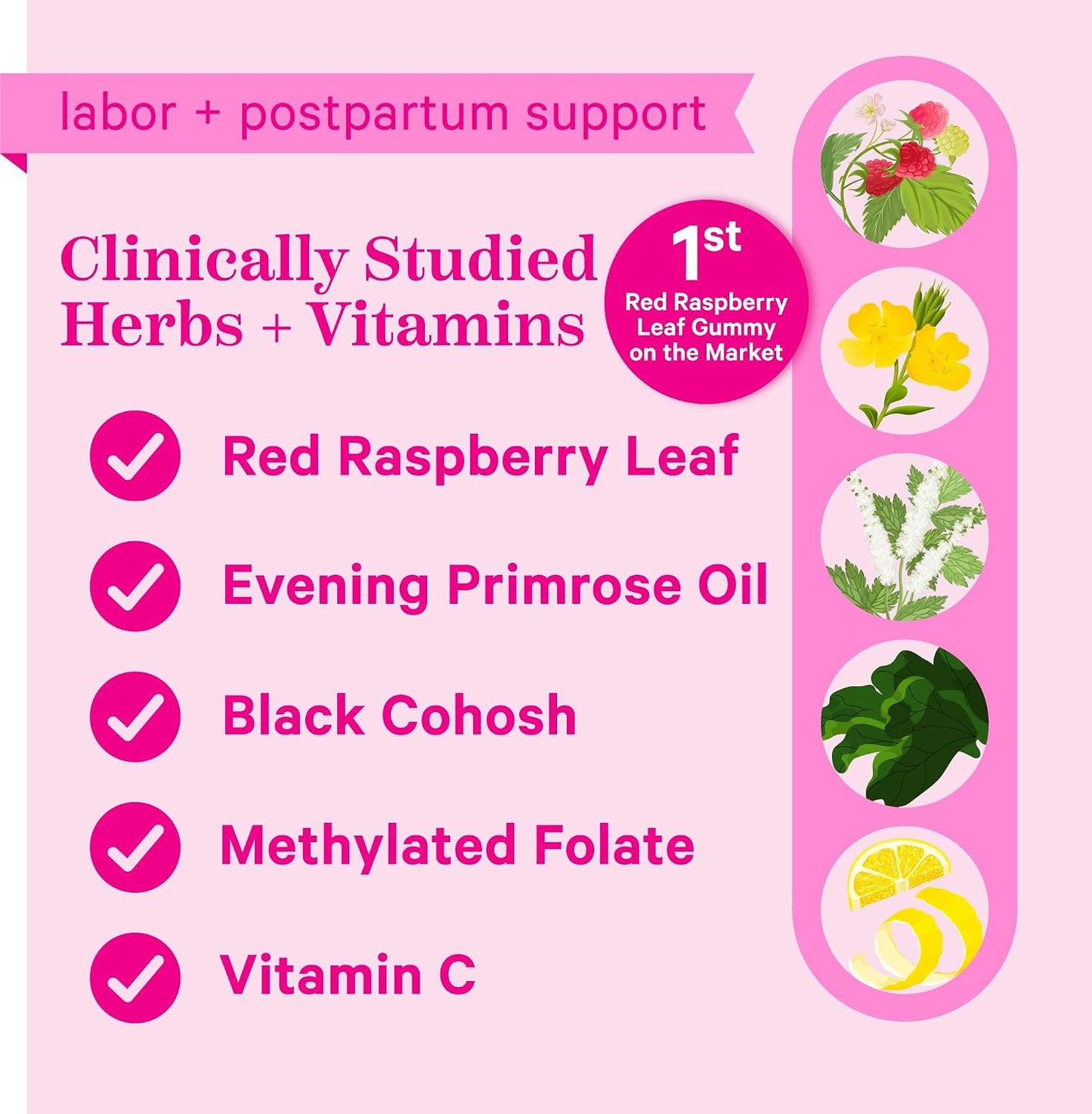 Pink Stork Red Raspberry Leaf Gummies for Labor Prep, 60 Count | Evening Primrose Oil + Black Cohosh, Pregnancy + Postpartum Mood Essentials, Vegan, Non-GMO - PrimeBioHealth - canada supplements