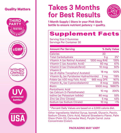 Pink Stork Total Glow Gummies for Women – Hair, Skin & Nails Vitamin with Biotin, Vitamin A, B6, B12, Folate, Zinc & More – Support for Radiant Skin, Strong Nails, and Healthy Hair – 60 Berry Gummies | Hair, Skin & Nails Vitamin with Biotin, Vitamin A, B6 - PrimeBioHealth - canada supplements