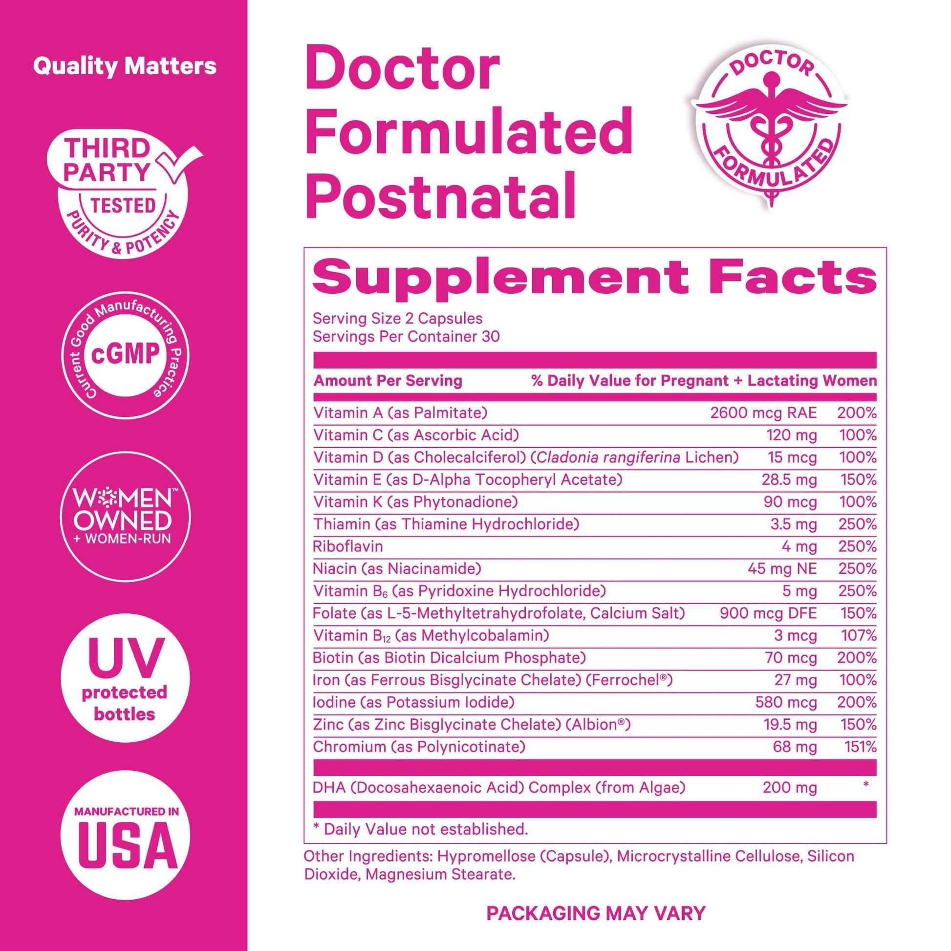 Pink Stork Total Postnatal Vitamins for Women | Vegan DHA, Iron, Folate, B12 | Postpartum Recovery Essentials | Lactation Support for Breastfeeding Moms - PrimeBioHealth - canada supplements