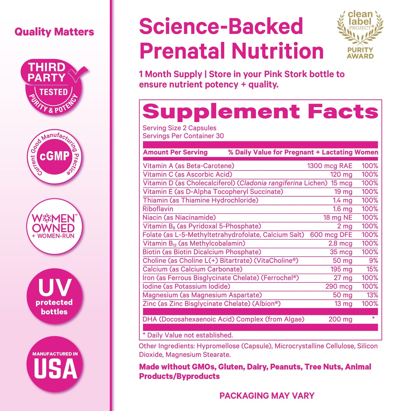 Pink Stork Total Prenatal Vitamins with DHA, Folate, Iron, Choline, and Vitamin B12 - Prenatals for Women to Support Fetal Development, Pregnancy Essentials - PrimeBioHealth - canada supplements