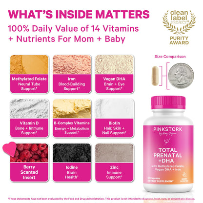Pink Stork Total Prenatal Vitamins with DHA, Folate, Iron, Choline, and Vitamin B12 - Prenatals for Women to Support Fetal Development, Pregnancy Essentials - PrimeBioHealth - canada supplements