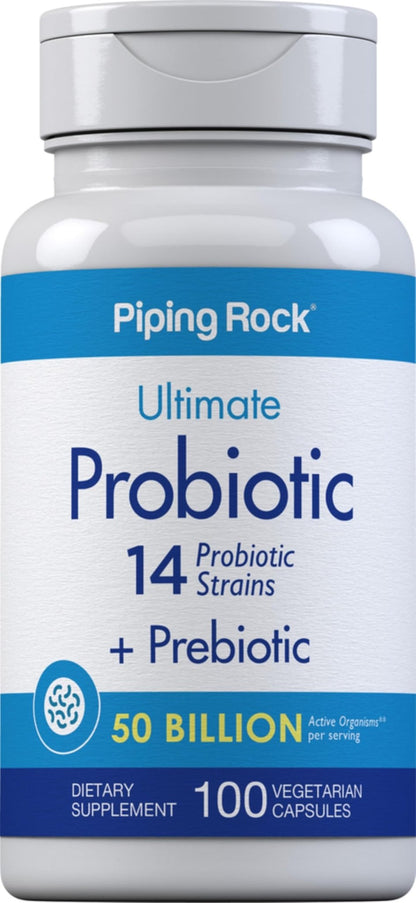 Piping Rock Probiotic and Prebiotic for Women and Men | 50 Billion CFU | 100 Capsules | Ultimate 14 Strain Supplement | Vegetarian, Non-GMO, Gluten Free - PrimeBioHealth - canada supplements