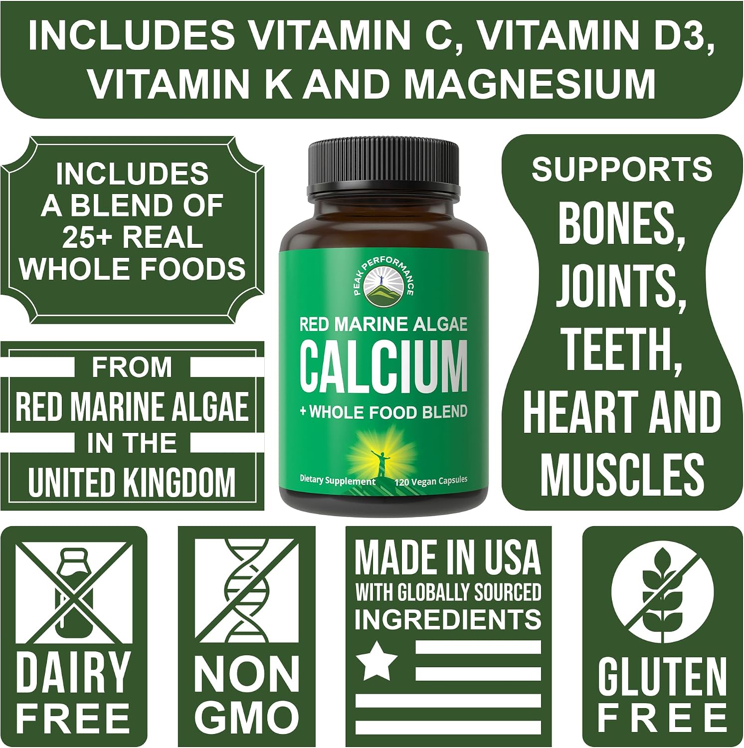 Plant Based Calcium - Red Marine Algae Calcium Supplement with Vitamin C, D3, K, Magnesium, and Whole Food Vegetable Blend. Vegan Capsules for Bones and Joints. 120 Pills, Tablets - PrimeBioHealth - canada supplements