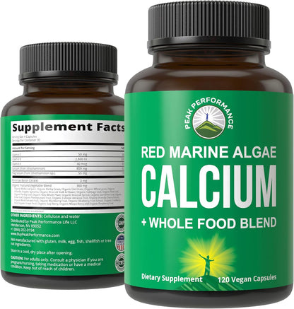 Plant Based Calcium - Red Marine Algae Calcium Supplement with Vitamin C, D3, K, Magnesium, and Whole Food Vegetable Blend. Vegan Capsules for Bones and Joints. 120 Pills, Tablets - PrimeBioHealth - canada supplements