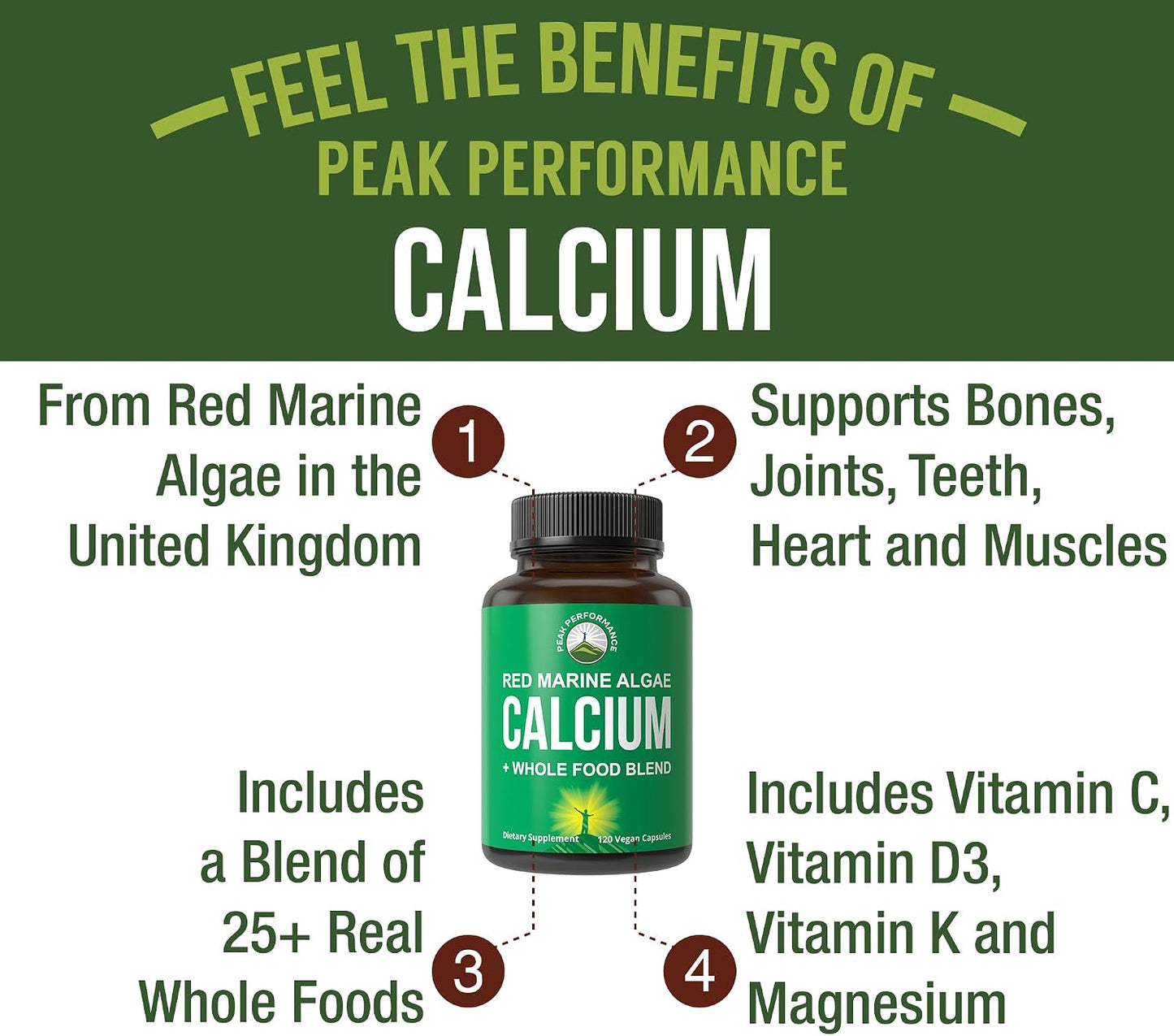 Plant Based Calcium - Red Marine Algae Calcium Supplement with Vitamin C, D3, K, Magnesium, and Whole Food Vegetable Blend. Vegan Capsules for Bones and Joints. 120 Pills, Tablets - PrimeBioHealth - canada supplements