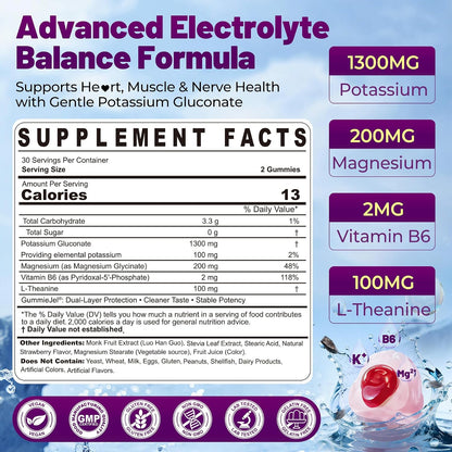 Potassium Gluconate 1300mg Gummies for Adults Women & Men, Potassium Supplements w/Magnesium Glycinate, B6 & L-Theanine, Electrolyte Gummies for Hydration, Energy, Muscle&Night Leg Cramp Relief, 60Ct - PrimeBioHealth - canada supplements