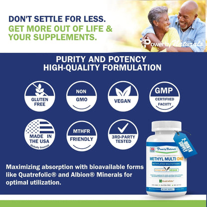 Power By Naturals Methyl Multi One - Iron-Free Methylated Multivitamin with Quatrefolic 5-MTHF, Active B12, P5P, CoQ10 & Zinc for MTHFR Support - PrimeBioHealth - canada supplements