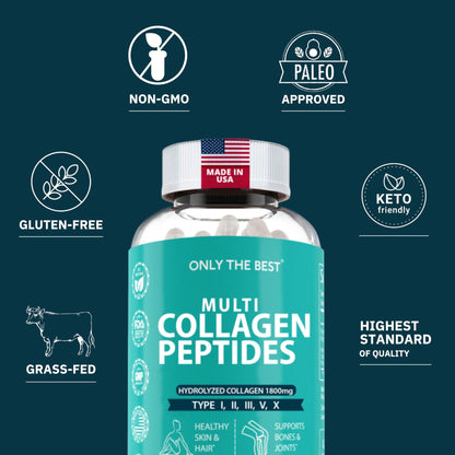 Premium Multi Collagen Peptides Capsules 1800mg - Types I, II, III, V, X To Support Skin, Hair, Nails - Helps Bones, Joints, Muscles, & Digestive Health - PrimeBioHealth - canada supplements