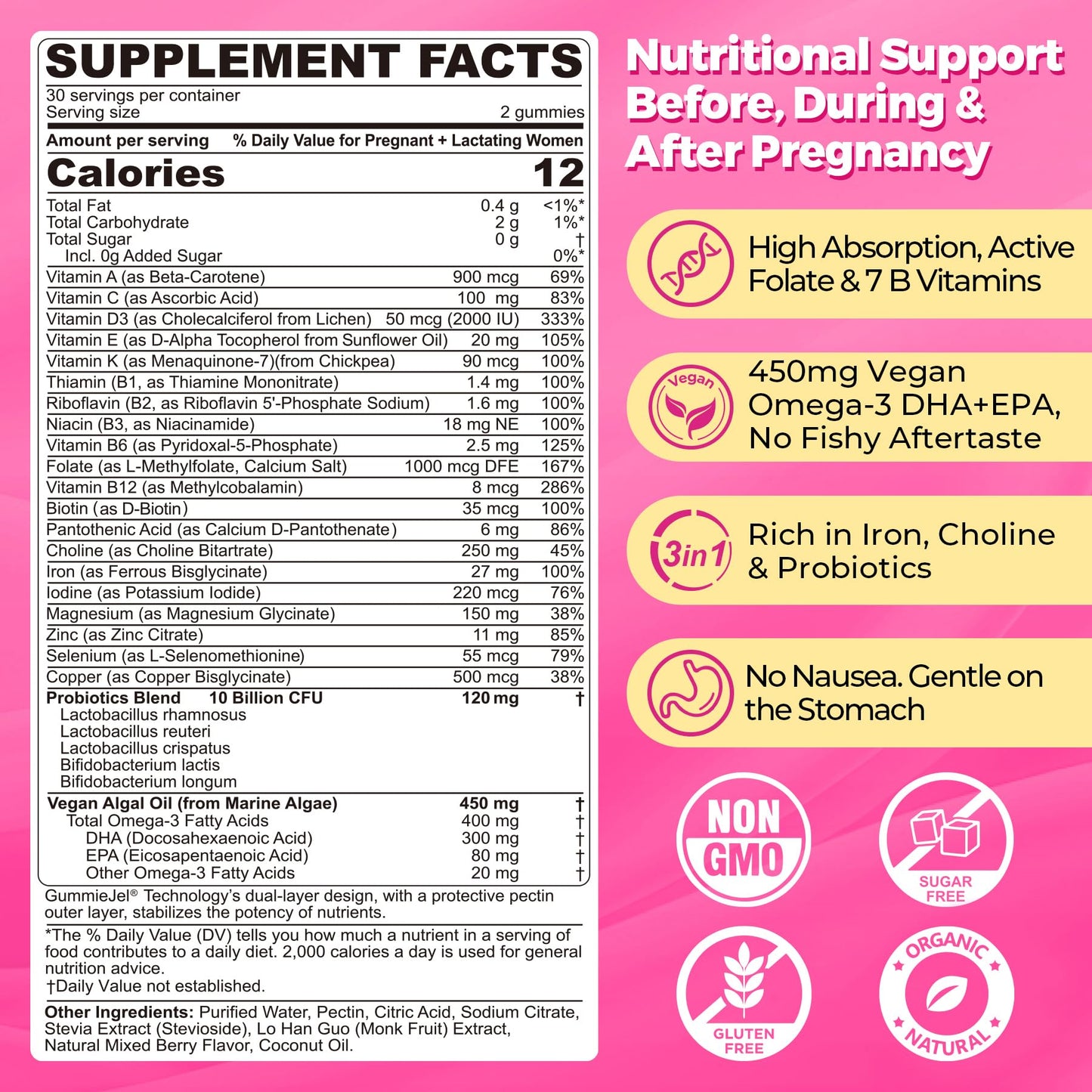 Prenatal Vitamins for Women Multivitamin Gummies w/ Methylfolate 1mg, Choline Omega-3(DHA+EPA) Iron, Postnatal Vitamins for Women Breastfeeding | Before,During & After Pregnancy,Sugar Free,Vegan,60Cts - PrimeBioHealth - canada supplements